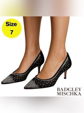 BADGLEY MISCKA 🤍 Elegant Black Kitten Heels, Black Mesh, Diamond (Women’s 7)